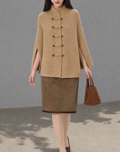 28695-Women's Knit Cape Coat – Navy & Camel