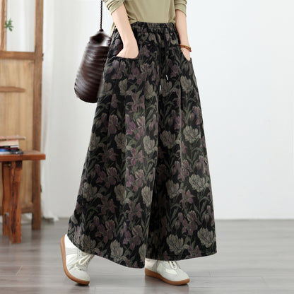 Boho Dark Floral Wide-Leg Jeans Elastic Waist Denim Pants