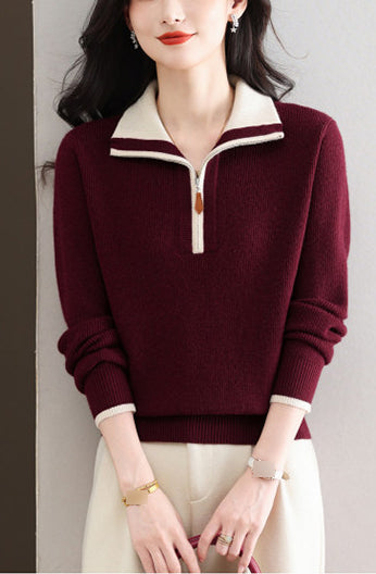 Contrast Collar Half-Zip Knit Sweater – Chic Colorblock Ribbed Pullover
