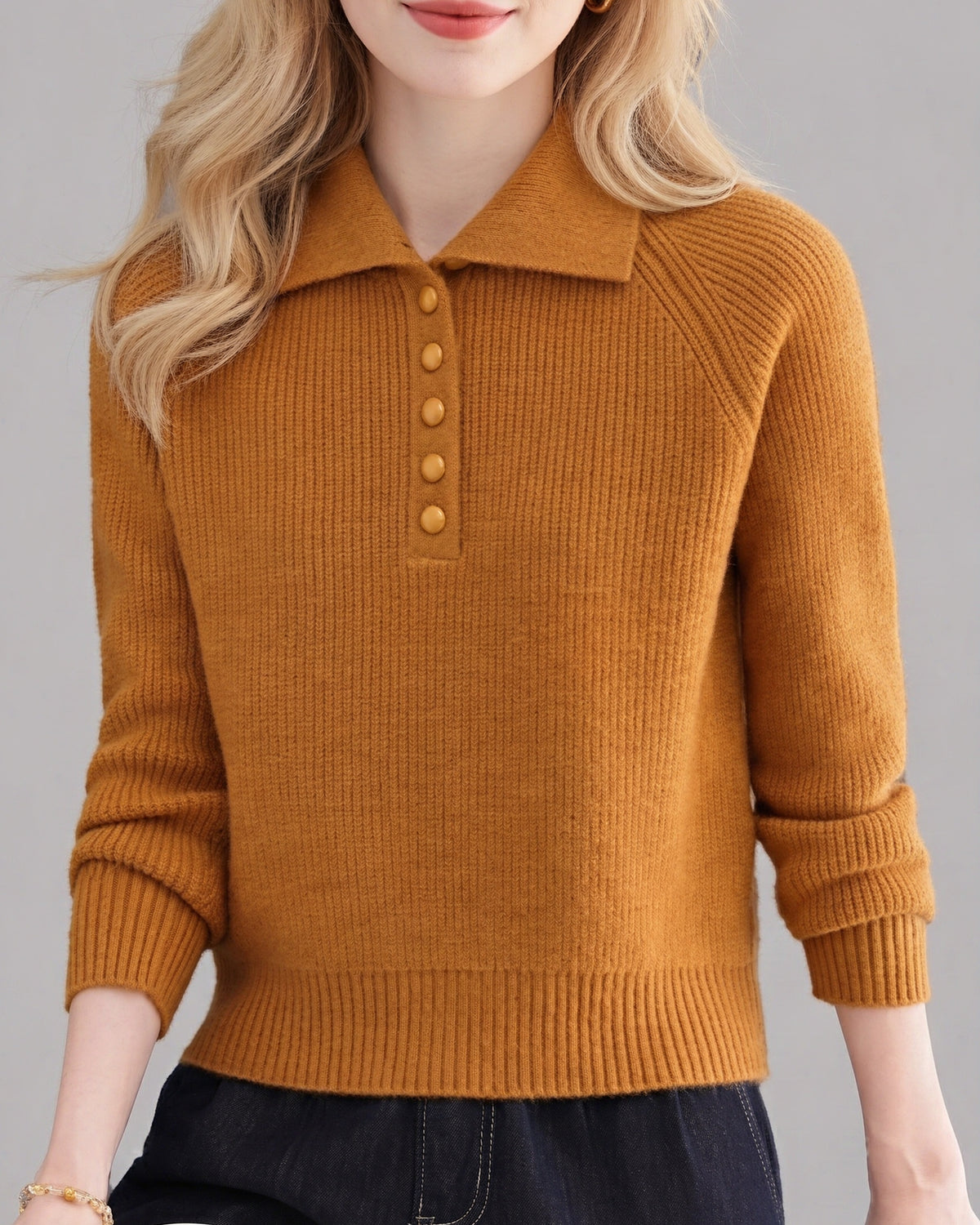 Women's Ribbed Knit Polo Top — Soft Button-Front Sweater