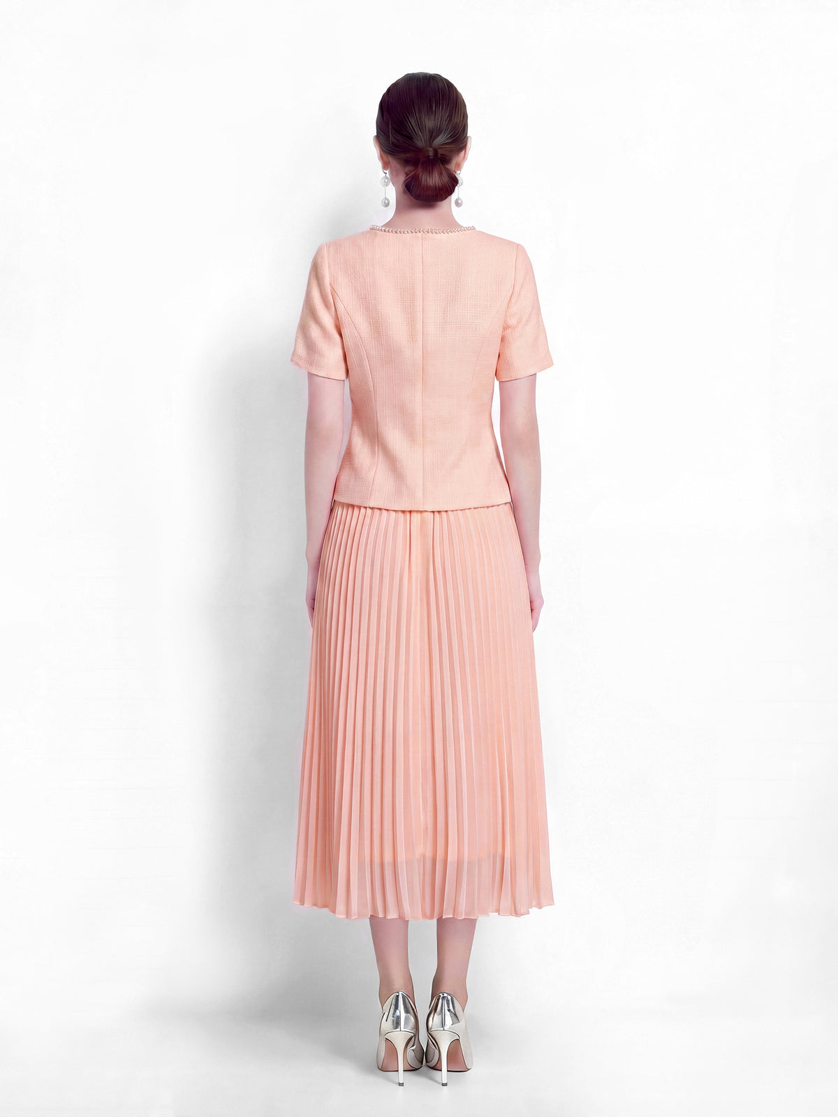 28664-Pearl-Trim Long Sleeve Elegant Pleated Skirt Set