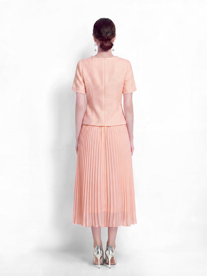 28664-Pearl-Trim Long Sleeve Elegant Pleated Skirt Set
