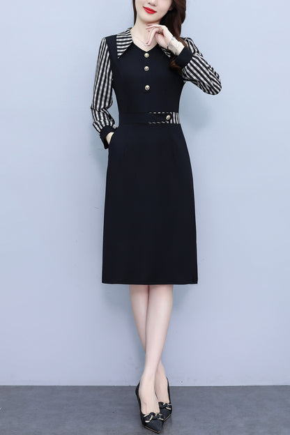Women's V-Neck with Pockets Long Sleeve Black Dress