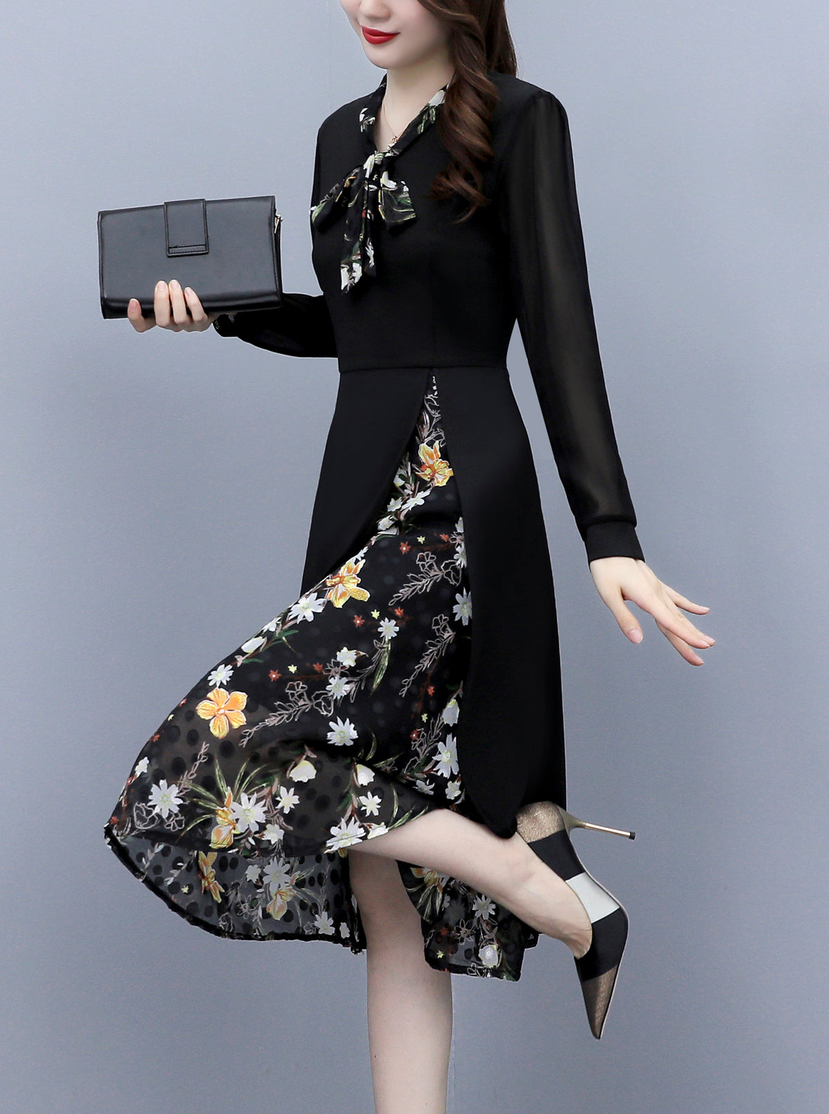 Black Layered Floral Tie-Neck Dress | $39.98