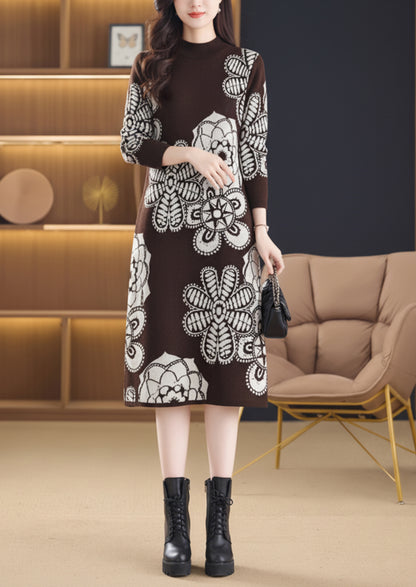 Women's Long Sleeve Print Ribbed Knitted Sweater Dress