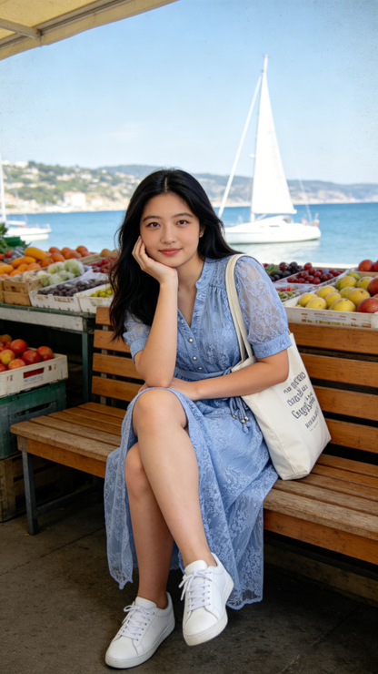 Blue Embroidered Mesh Puff Sleeve Summer Midi Dress - LAI MENG FIVE CATS