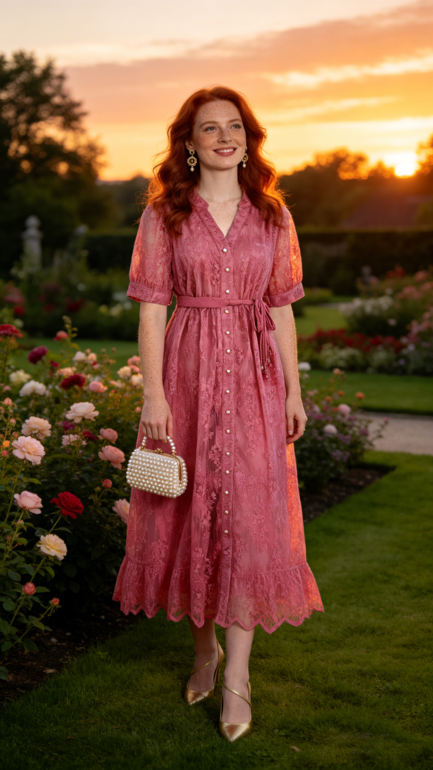Hot Pink Embroidered Mesh Puff Sleeve Midi Dress - LAI MENG FIVE CATS