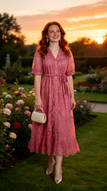 Hot Pink Embroidered Mesh Puff Sleeve Midi Dress - LAI MENG FIVE CATS