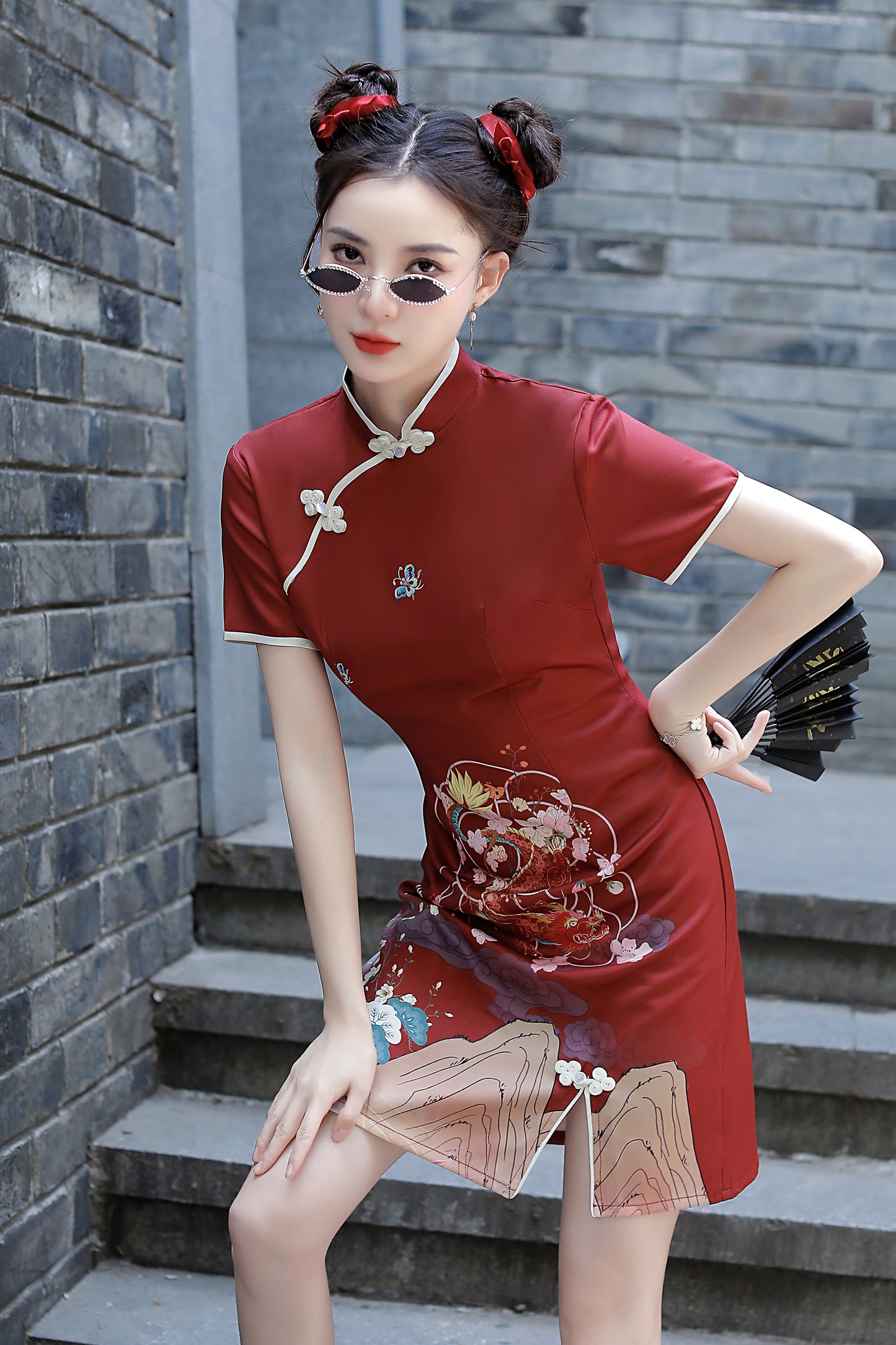 Women's Chinese Cheongsam Print Mini Dress