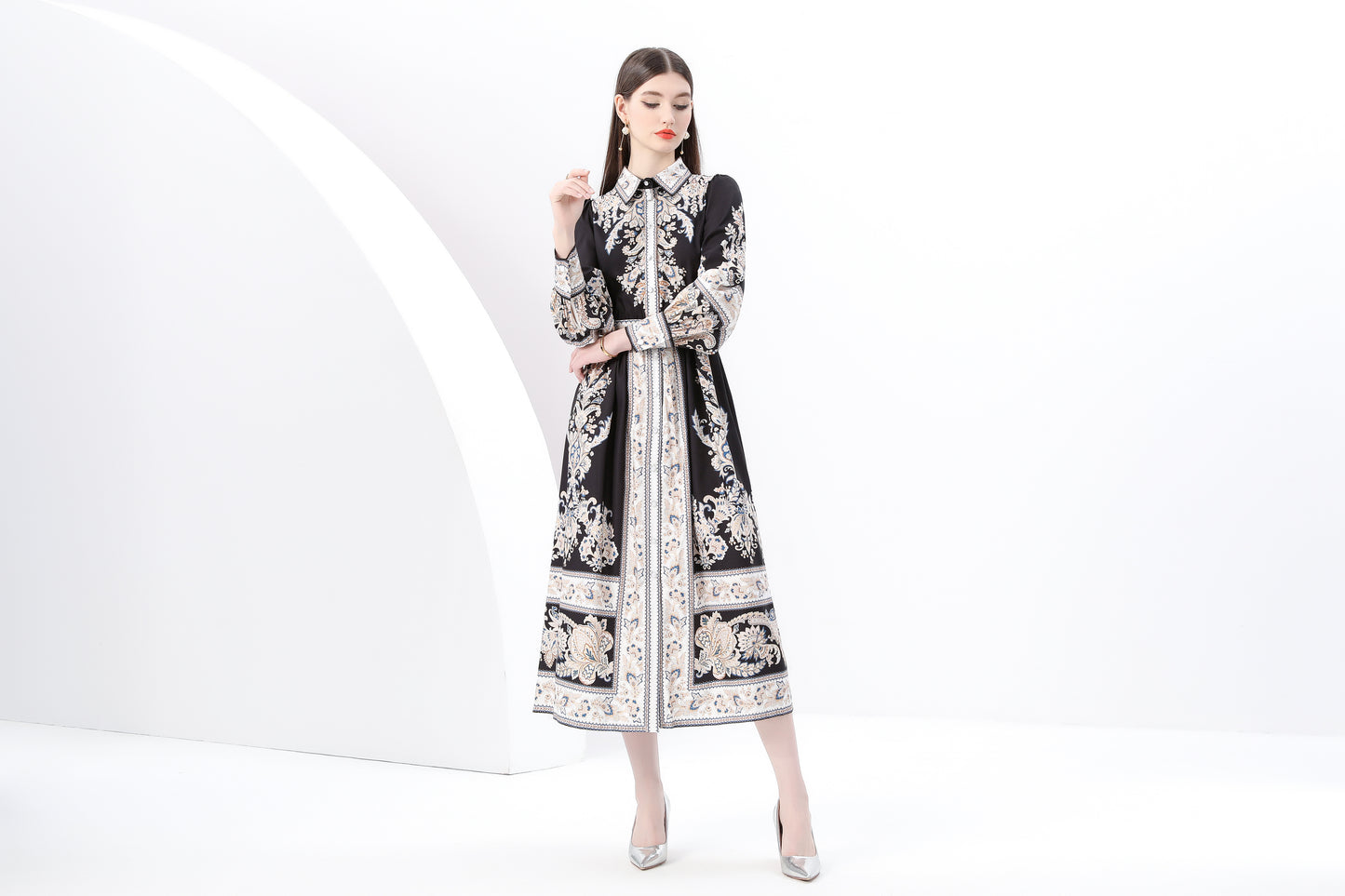 Women's Floral Long Sleeve Shirt Collar Maxi Dress