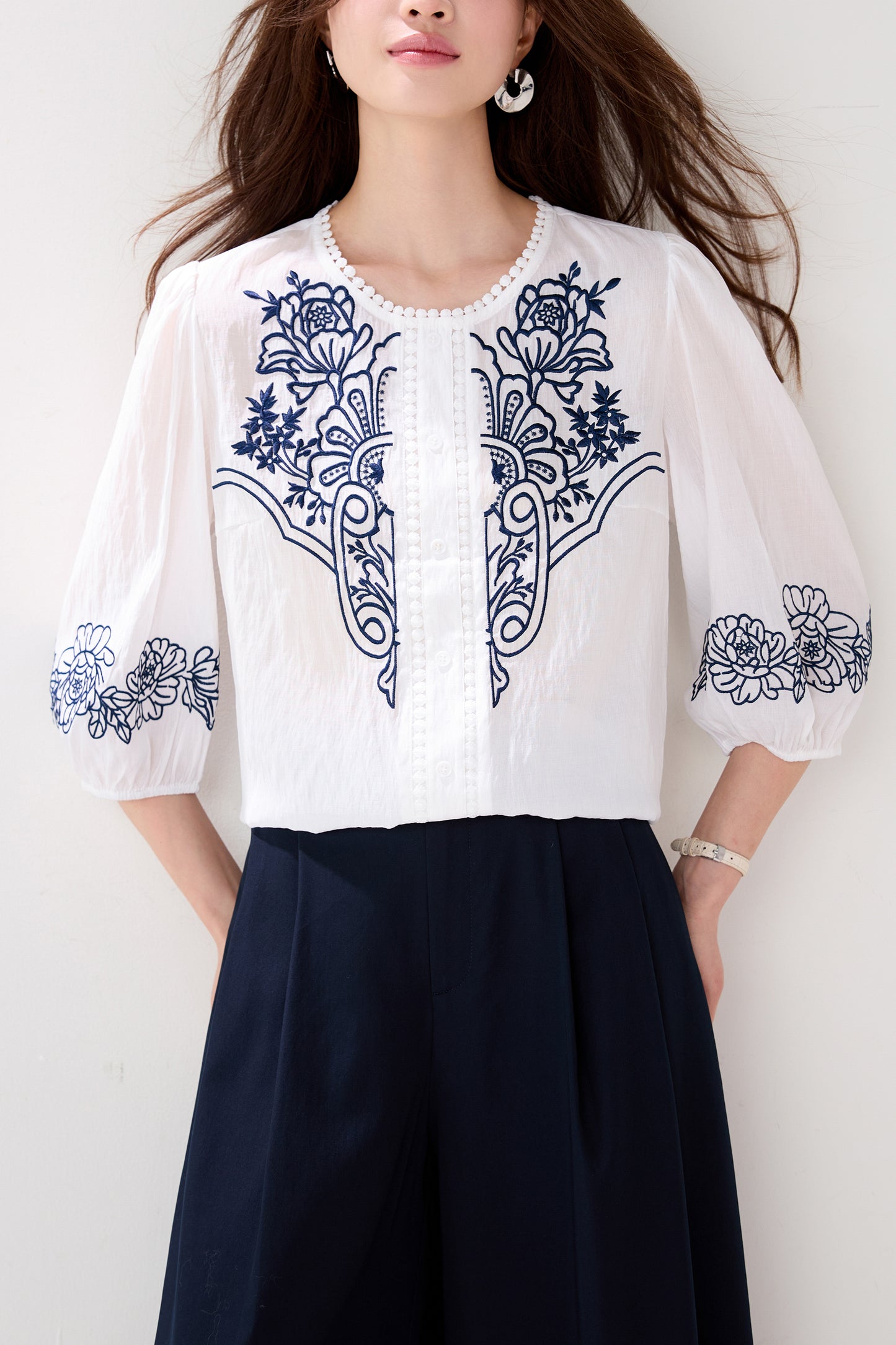 Casual Chic Boho Floral Embroidered 3/4 Sleeve Summer Blouse