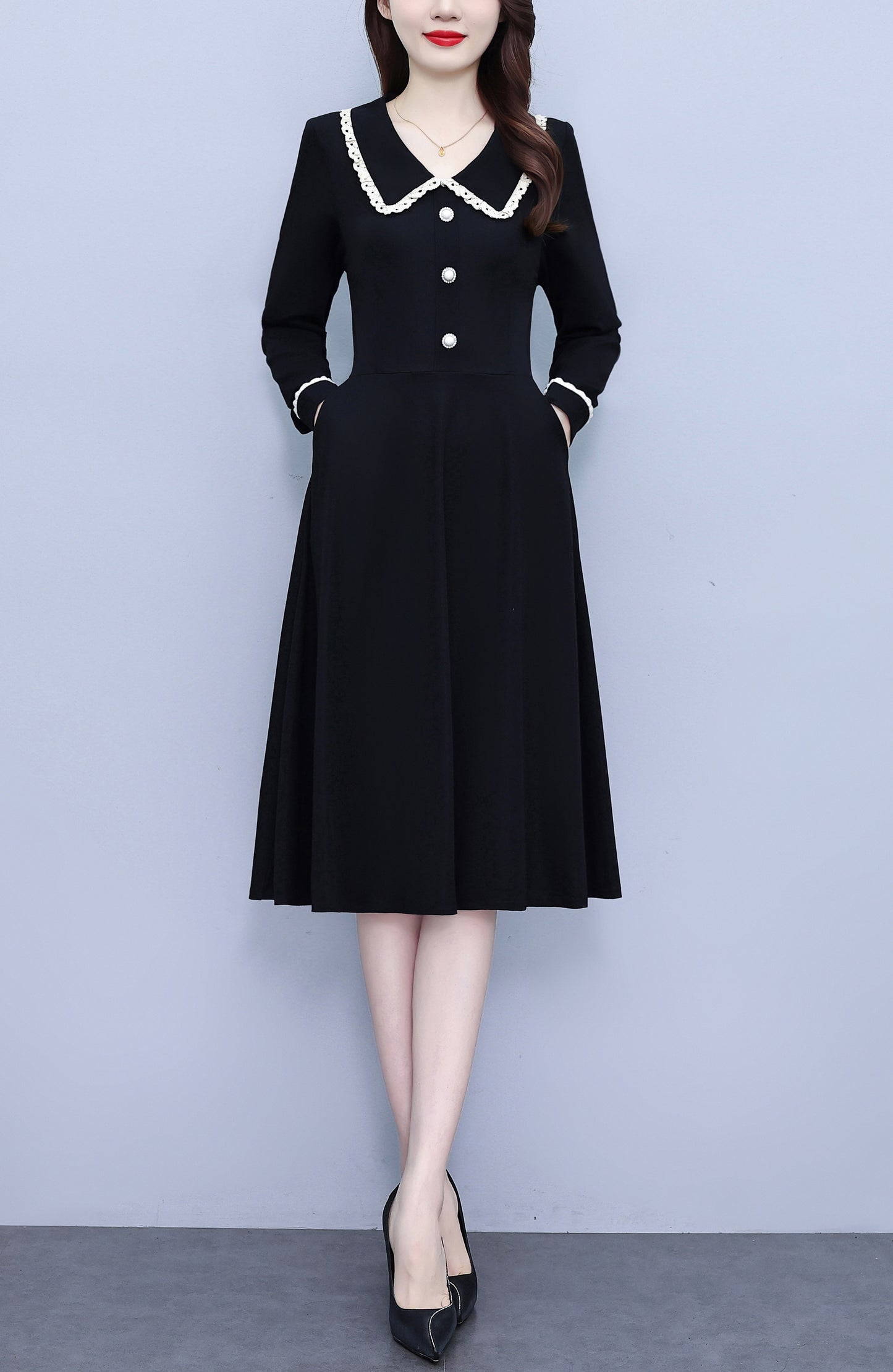 Women's Peter Pan Collar Long Sleeve Black Dress with Pocket