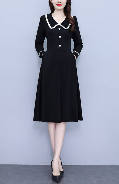 Women's Peter Pan Collar Long Sleeve Black Dress with Pocket