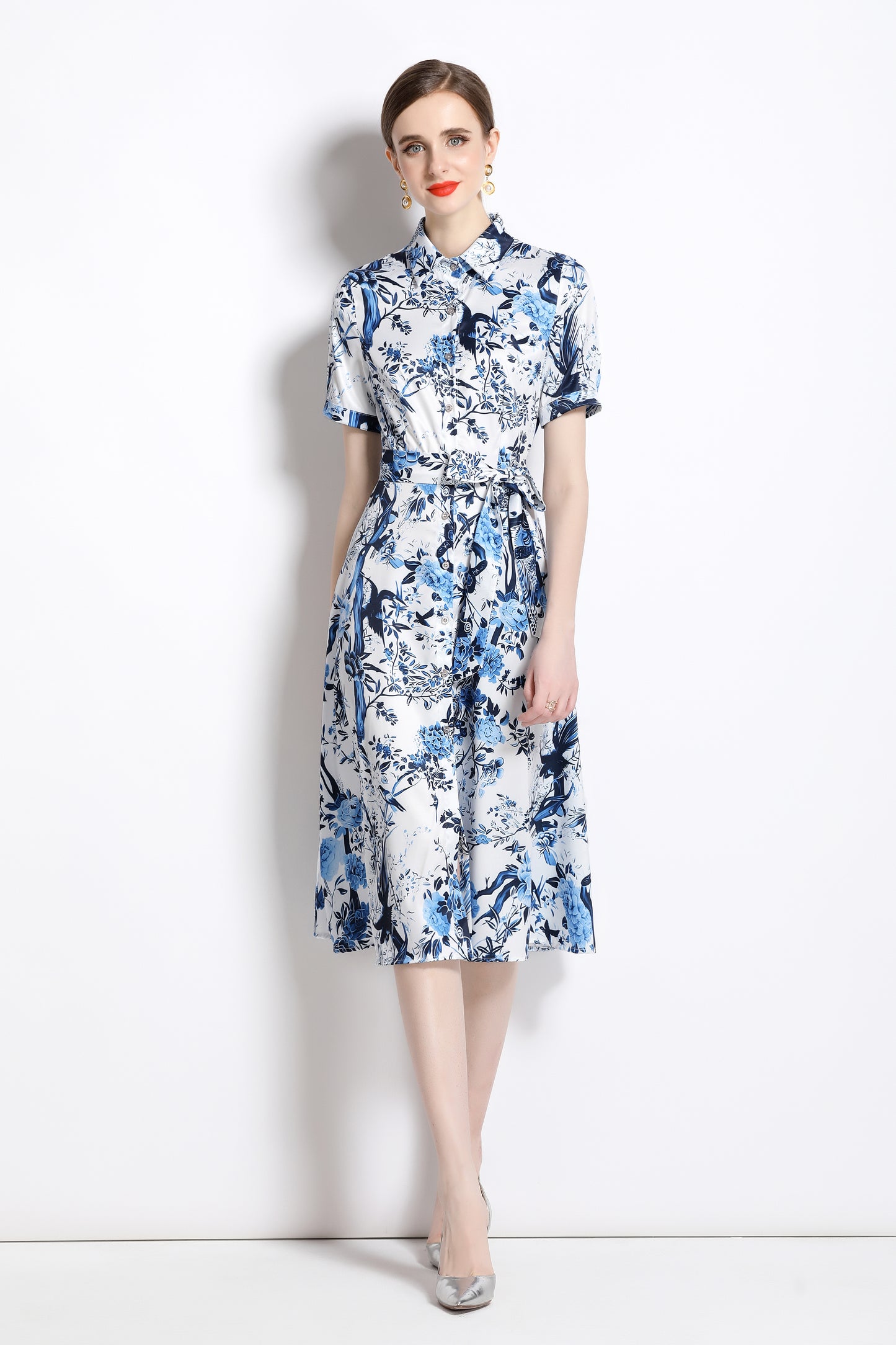 FSY-Women's Short Sleeve Floral Print Button Midi Dress