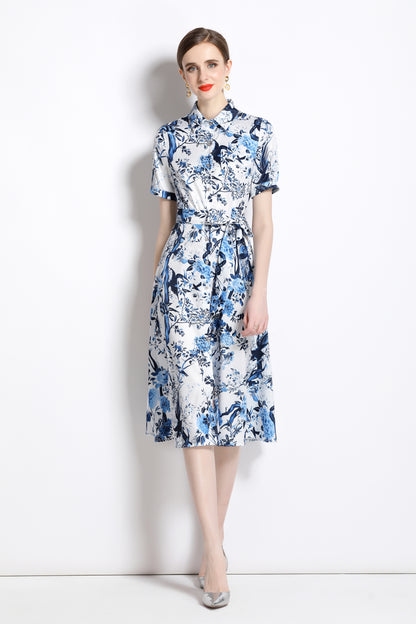 FSY-Women's Short Sleeve Floral Print Button Midi Dress
