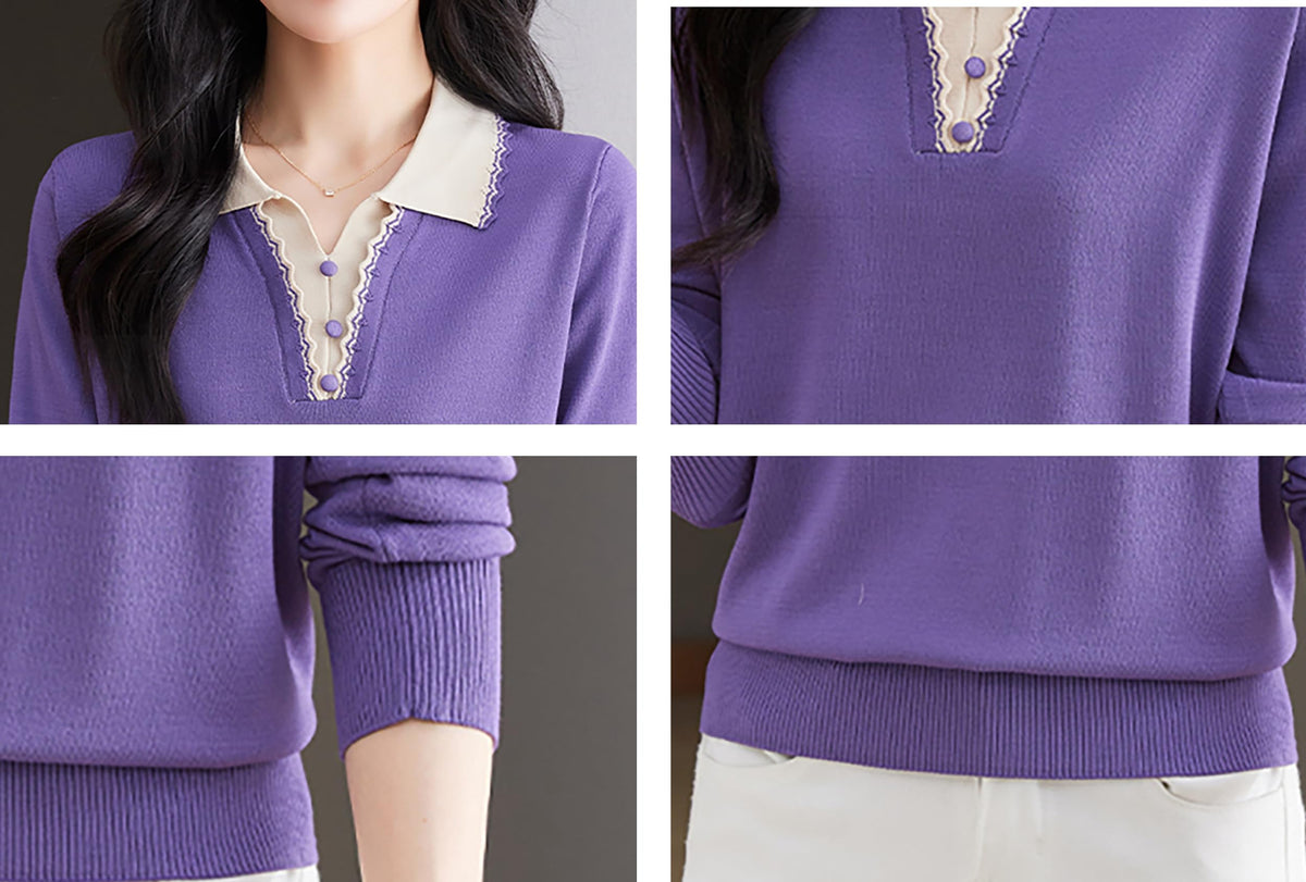 Women's Vintage Knit Top – Contrast Collar & Scalloped V-Neck