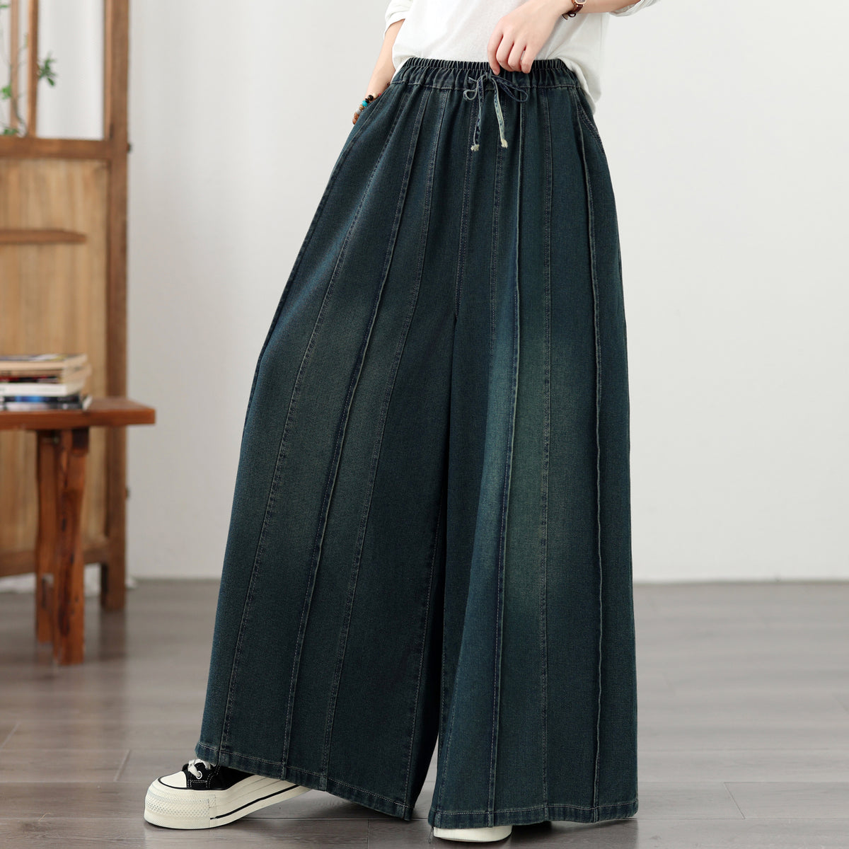 Women's Denim Wide Leg Pants - Drawstring Waist & Vertical Panel Details