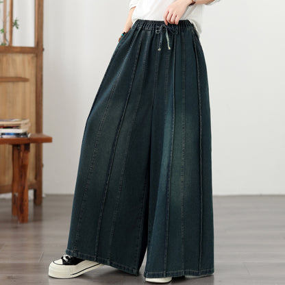 Women's Denim Wide Leg Pants - Drawstring Waist & Vertical Panel Details