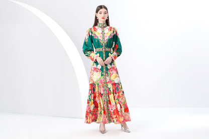 Women's Puff Sleeve Button Floral Pring Maxi Dress