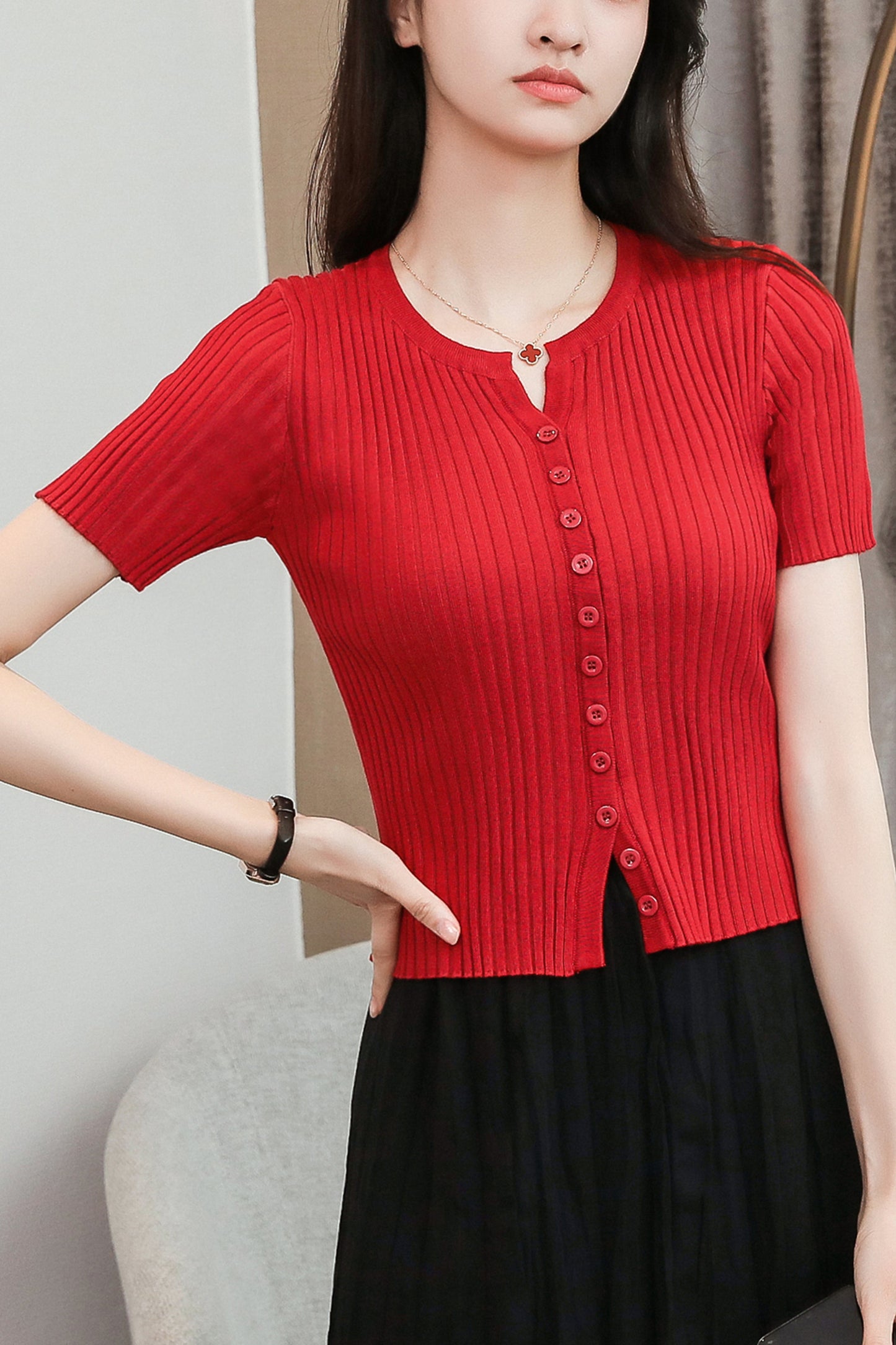 Women's V-Neck Knitted Thin Tops Ribbed Shirt