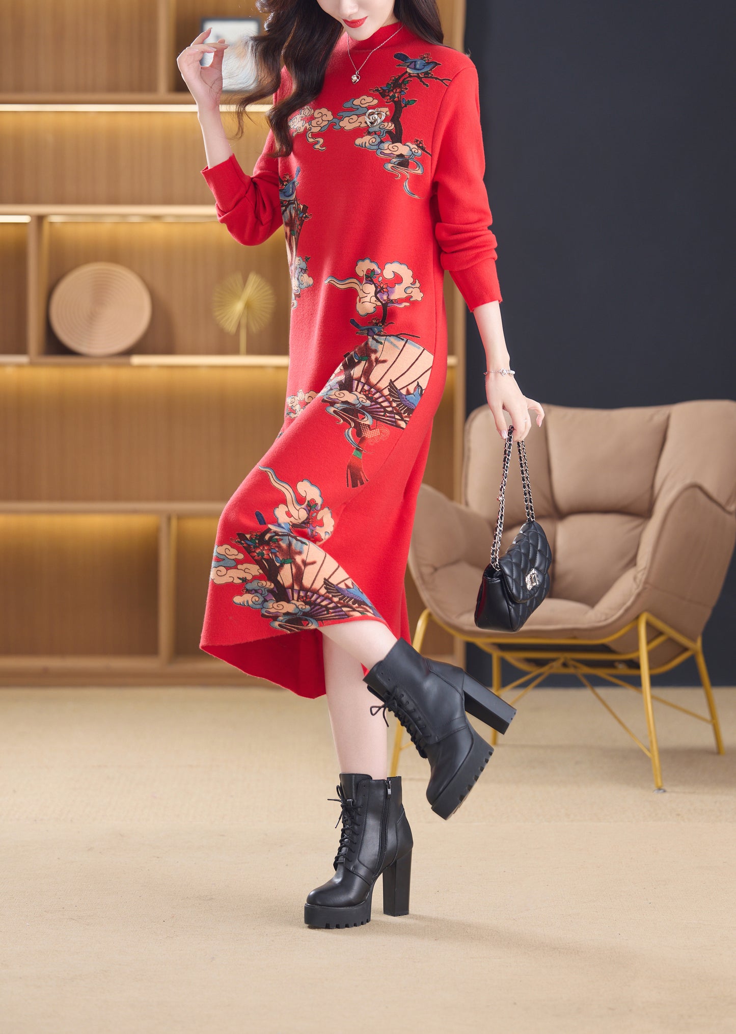 Women's Turtleneck Sweater Long Sleeve Red Dress