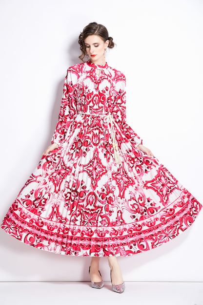 Women's Elegant Floral Print Pleated Round Neck Long Sleeves Loose Swing Party Dress
