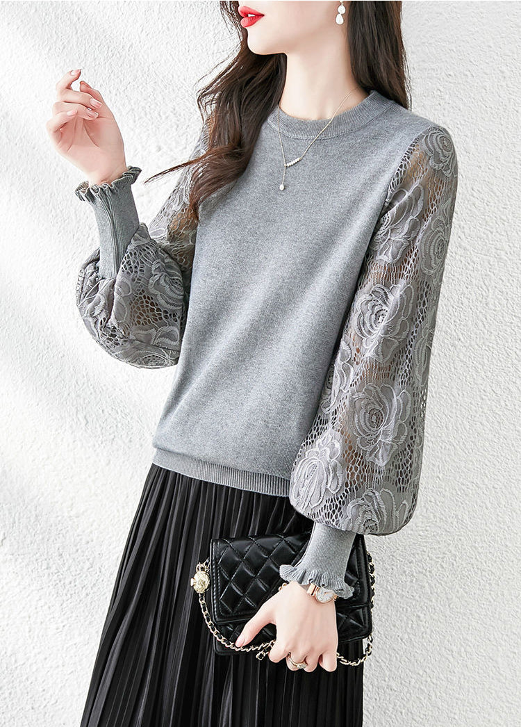 Women's Sweater Puff Sleeve Lace Knit Pullover Tops