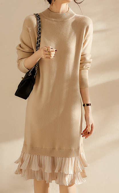 28706 Layered Ruffle Hem Knit Dress – Cream & Black