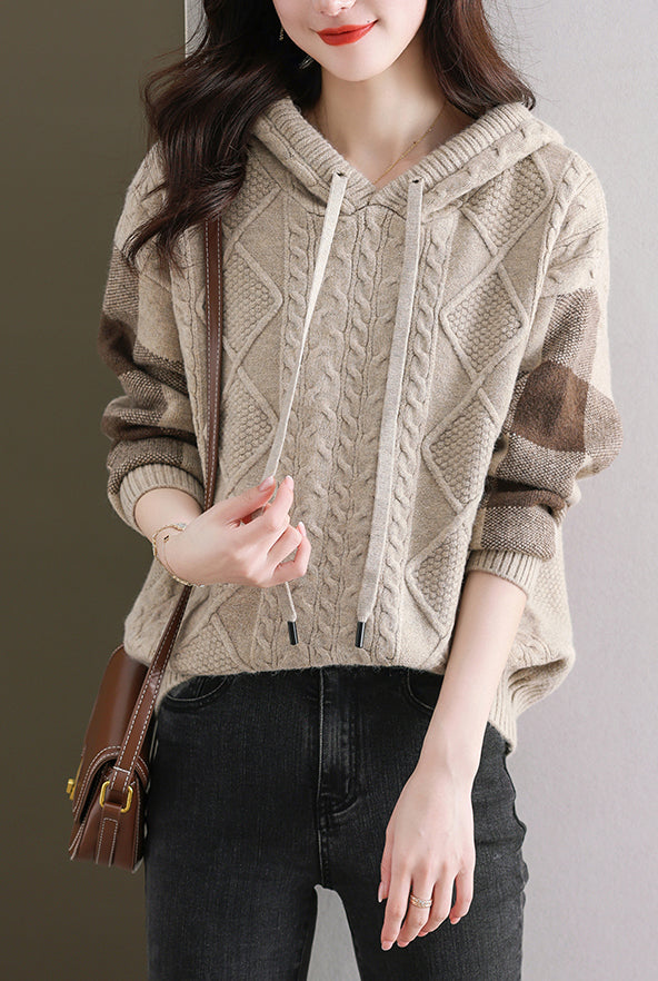 Women's Hoodies Plaid Ribbed Sweater Knit Tops