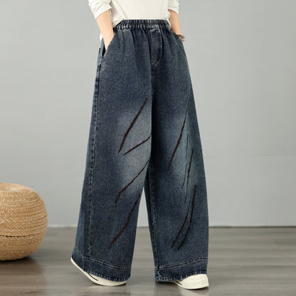 28668-Vintage Denim Wide-Leg Pants with Embroidery &Elastic Waist