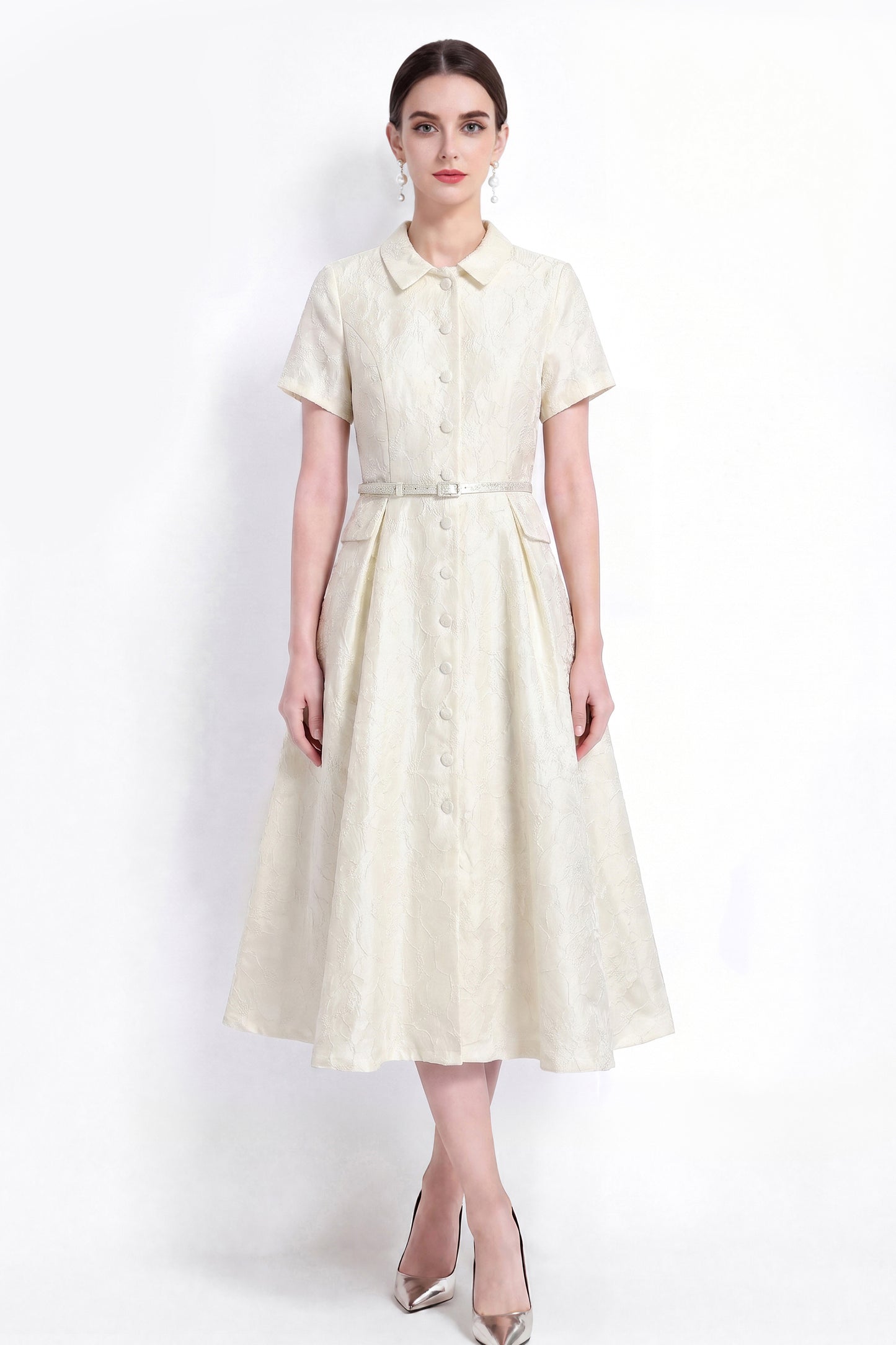 Luxury Jacquard Button-Front A-Line Midi Dress with Belt