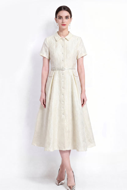 Luxury Jacquard Button-Front A-Line Midi Dress with Belt