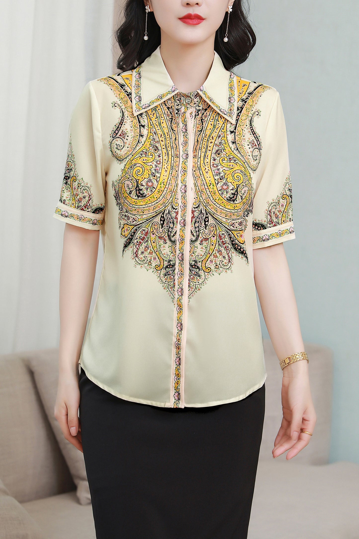 Women's Collared Floral Print Blouse Short Sleeve Tops