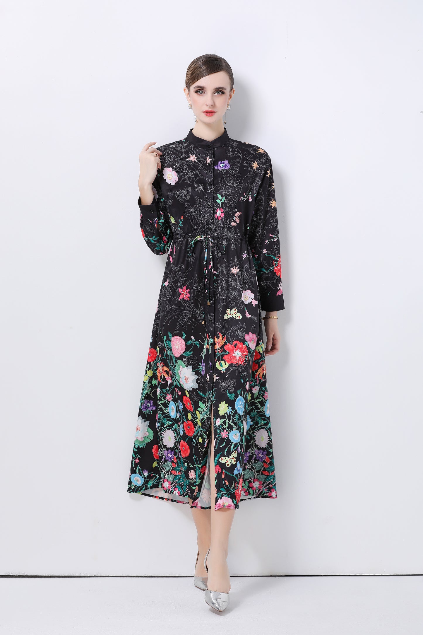 Women's Floral Print Flowy Button Split Maxi Dress
