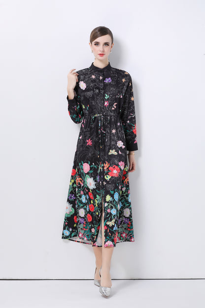 Women's Floral Print Flowy Button Split Maxi Dress