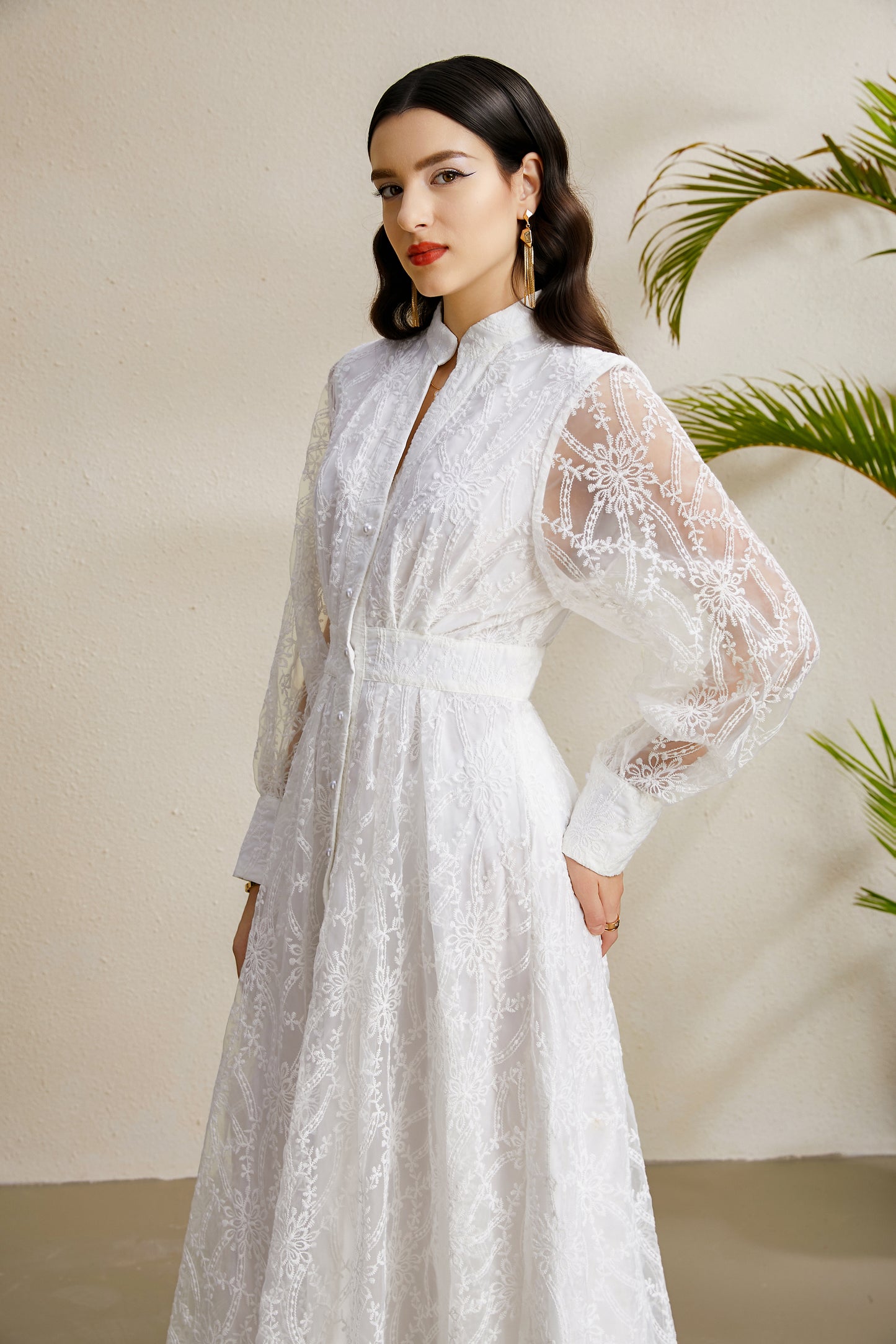 Women's V-Neck Lace Floral Lantern Sleeve Maxi Dress