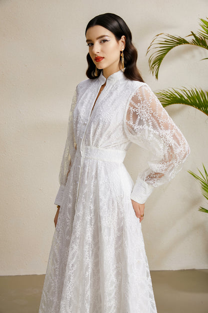 Women's V-Neck Lace Floral Lantern Sleeve Maxi Dress