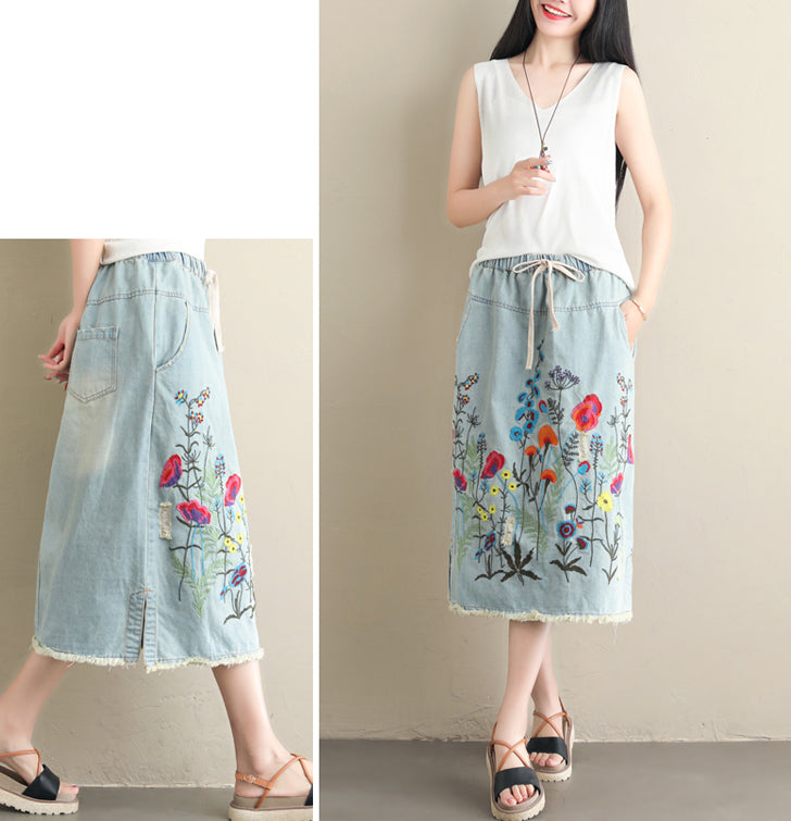 Embroidered Floral Denim Midi Skirt