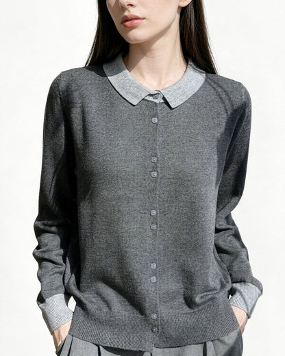 Contrast Collar Knit Cardigan – Two-Tone Polo Button-Up Sweater