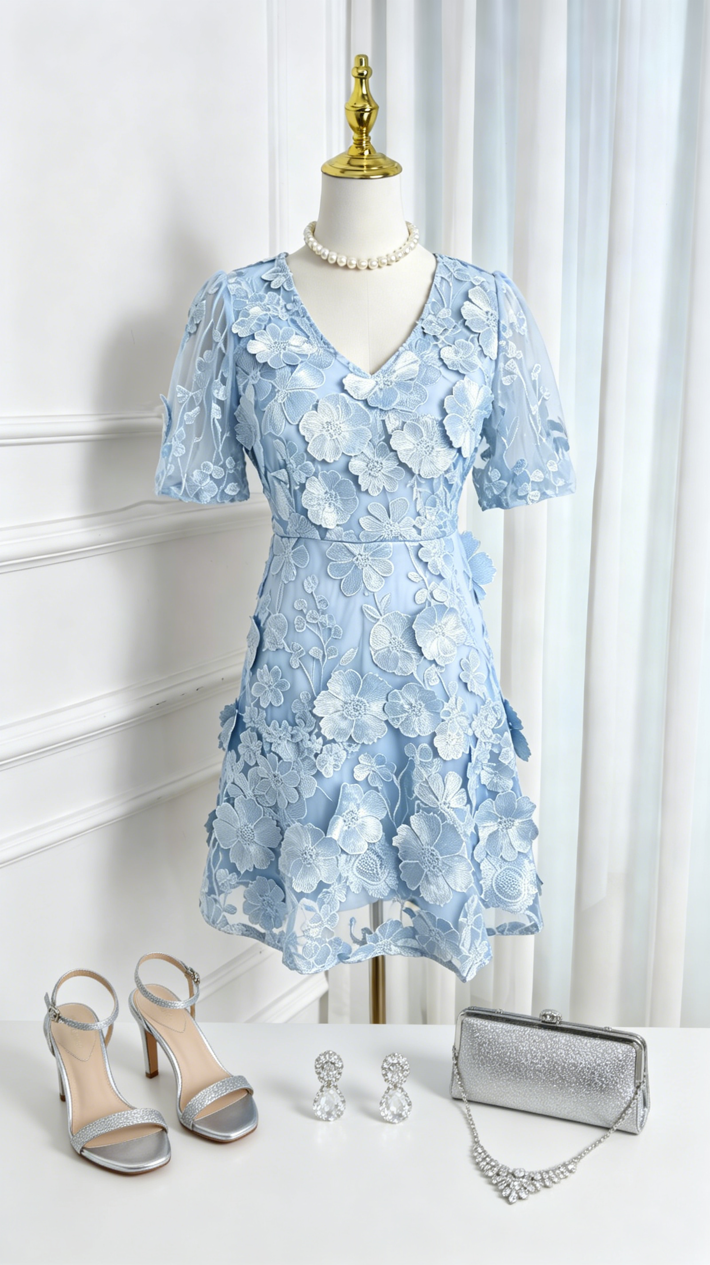 Light Blue 3D Floral Embroidered Mini Dress for Wedding Guests - LAI MENG FIVE CATS