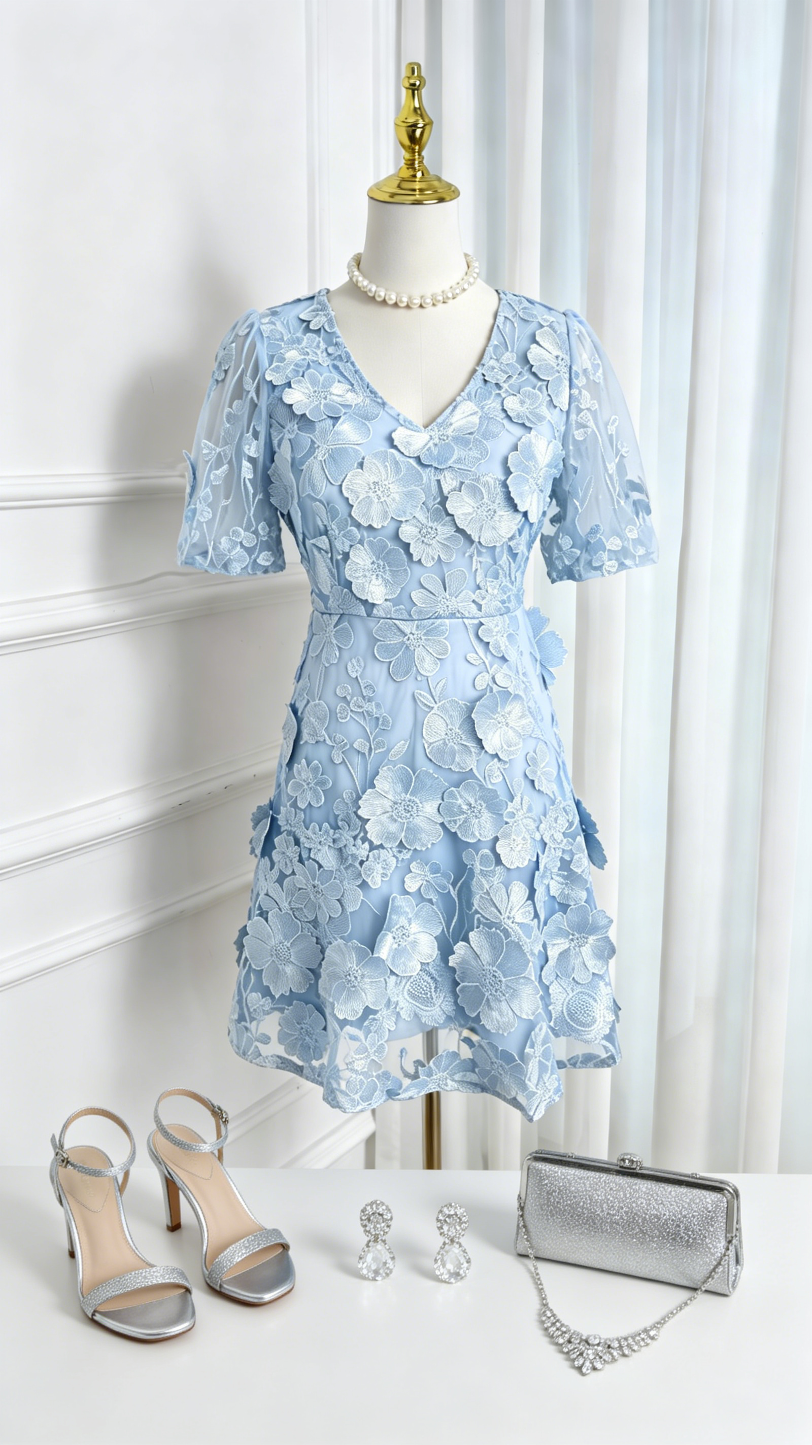 Light Blue 3D Floral Embroidered Mini Dress for Wedding Guests - LAI MENG FIVE CATS
