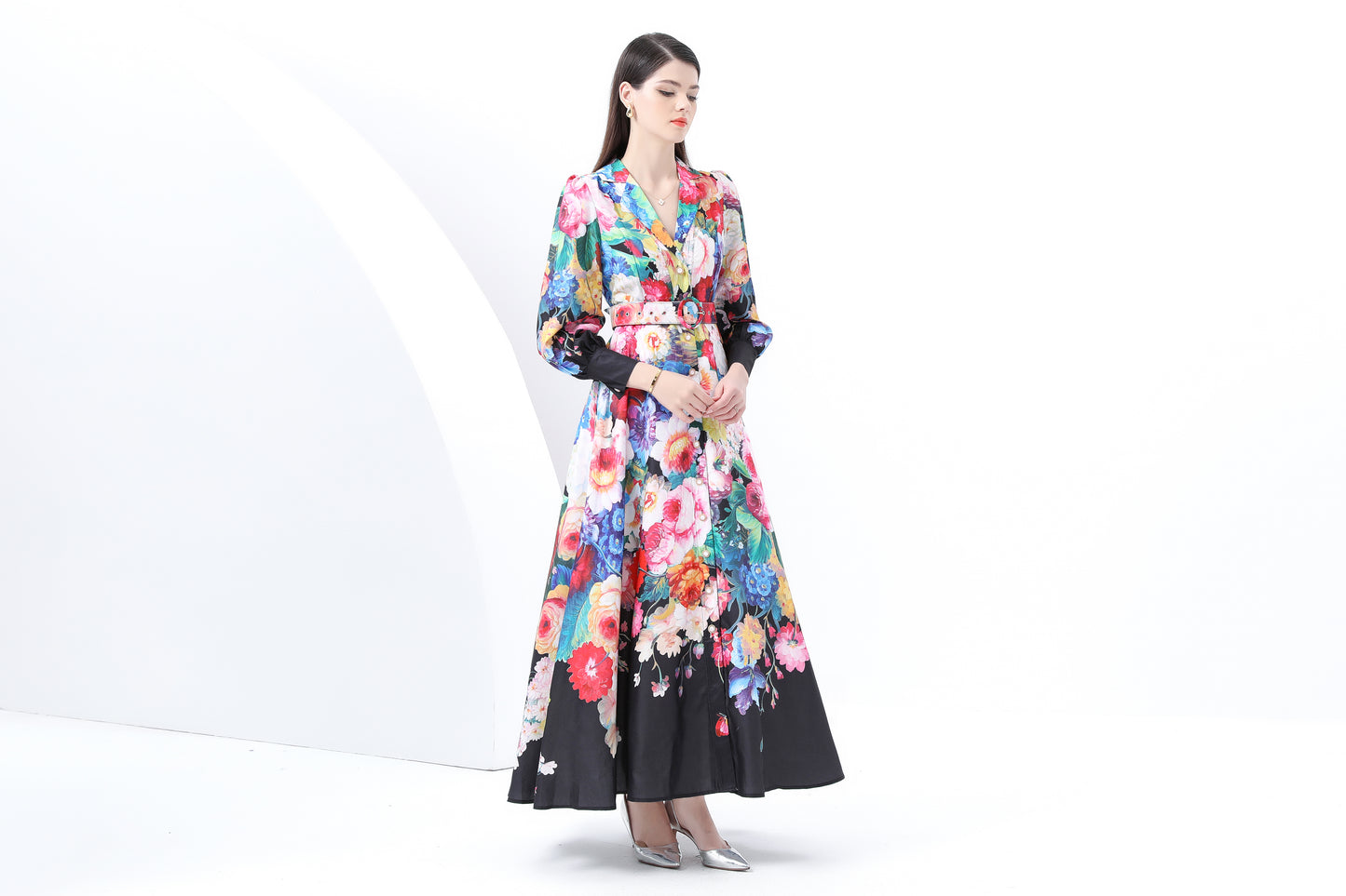 Women's Notch Lapels Puff Sleeve Print Maxi Dress