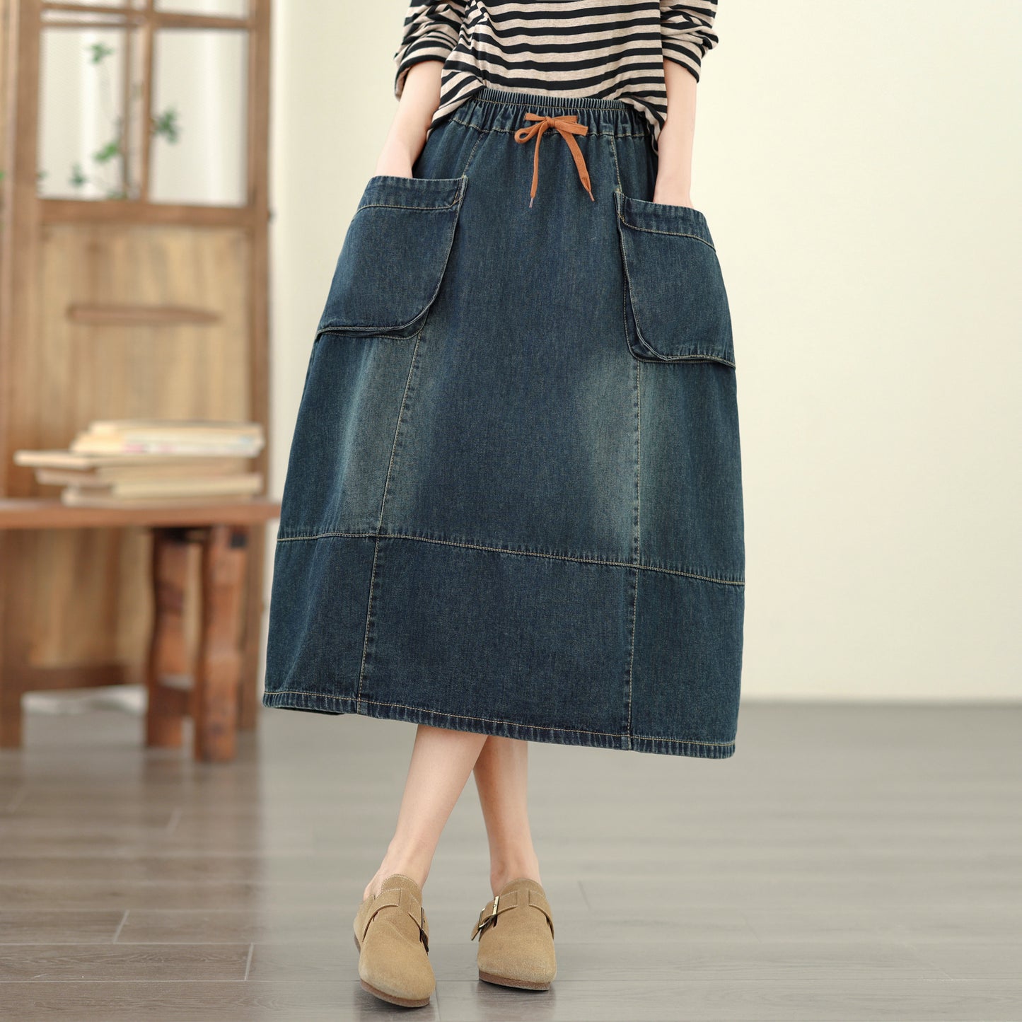 Women's Denim Drawstring Waist Pockets Jean Skirt