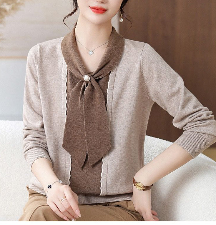 Women's Tie Neck Sweater Color Block Knit Pullover Tops