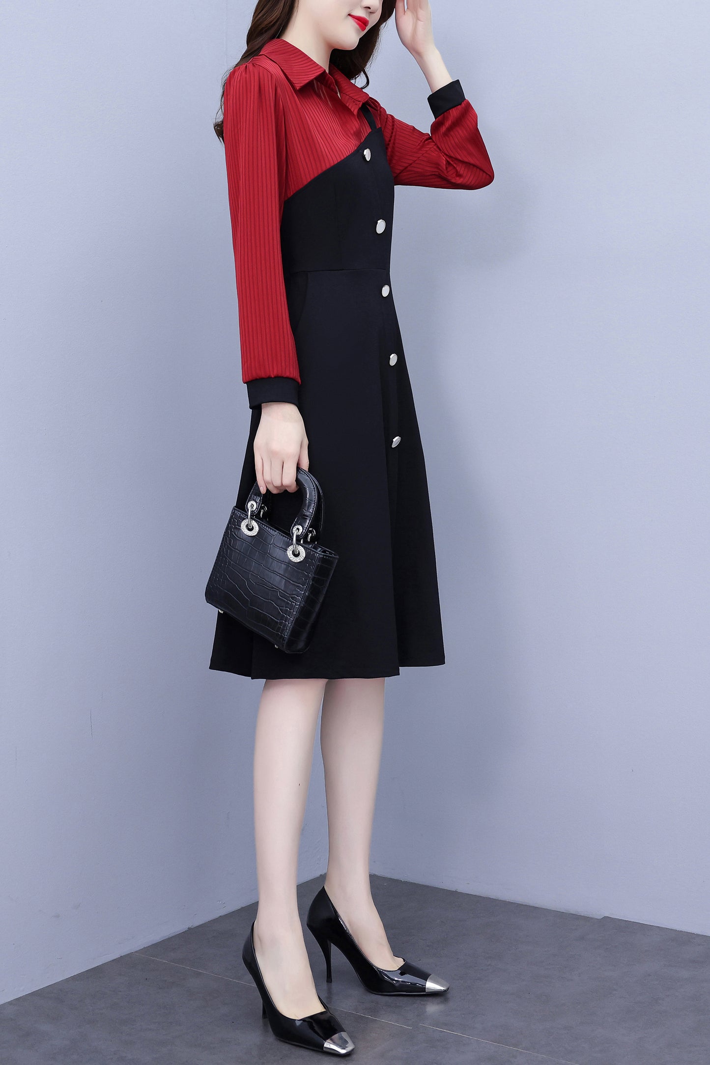 Women's V-Neck Long Sleeve with Pockets Black Dress - LAI MENG FIVE CATS