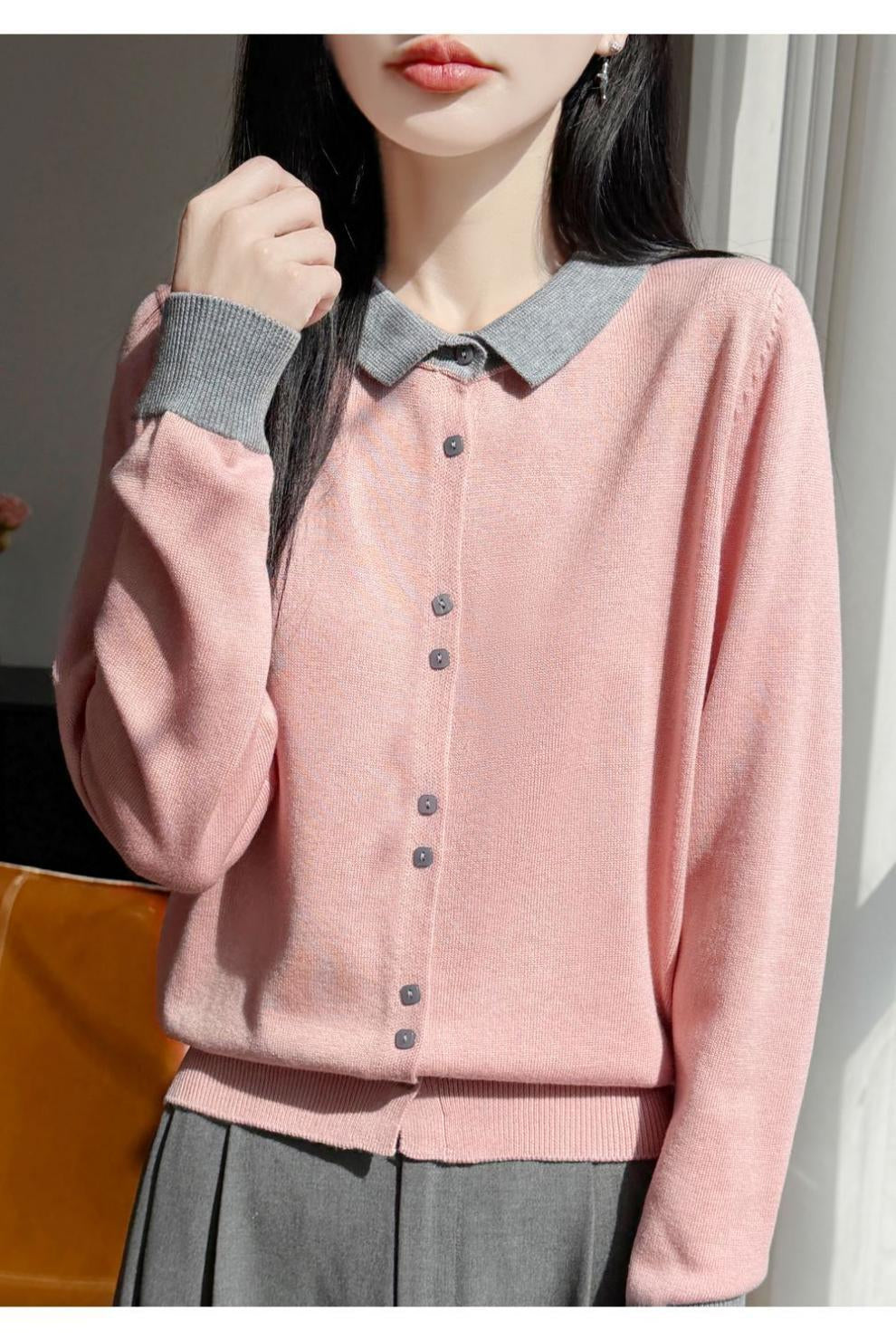 Contrast Collar Knit Cardigan – Two-Tone Polo Button-Up Sweater