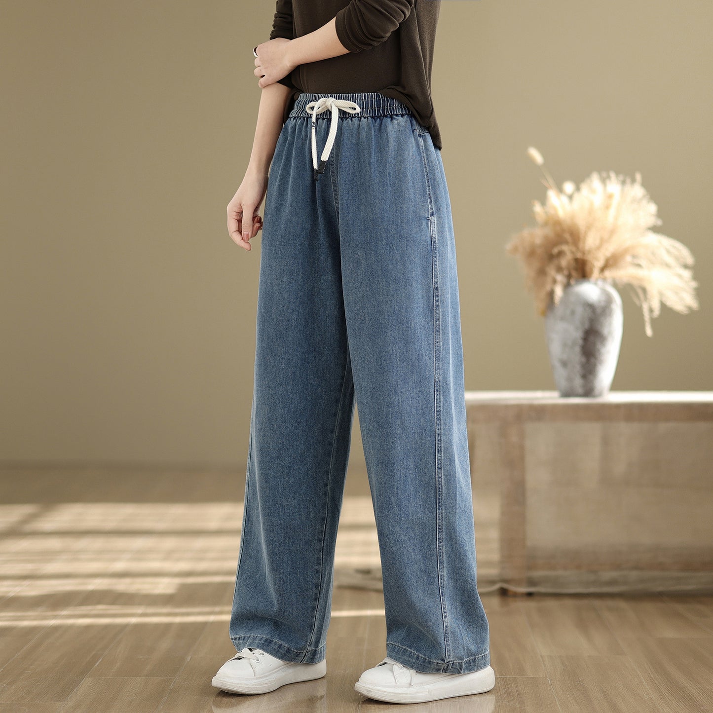 Women's Wide-Leg Jeans Elastic Waist Drawstring Pants