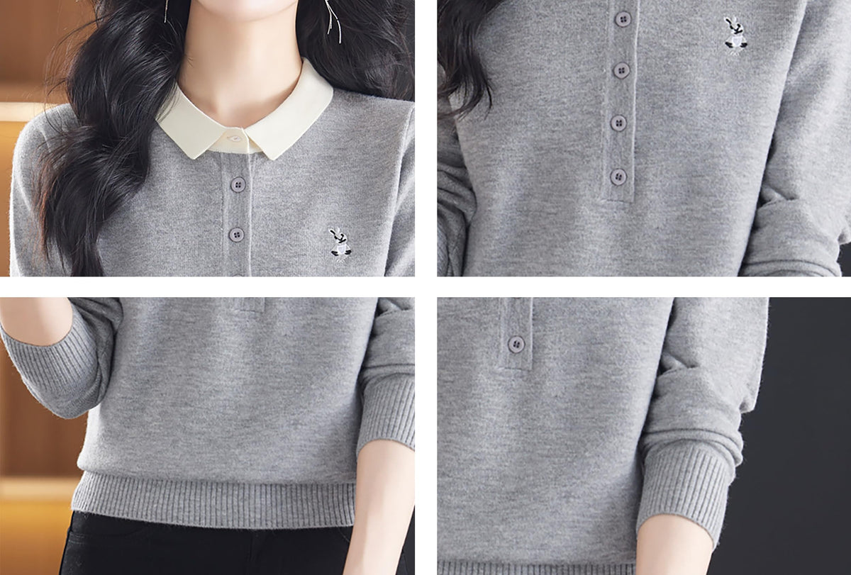 Polo Layered Knit Top with Bunny Embroidery & Contrast Collar