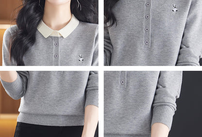 Polo Layered Knit Top with Bunny Embroidery & Contrast Collar