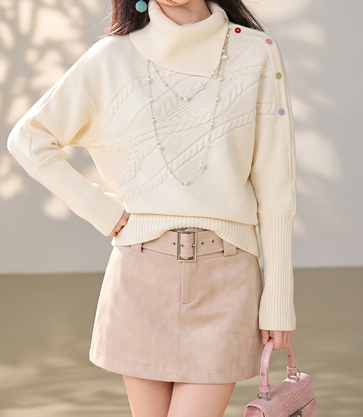 28699 Asymmetric Turtleneck Knit Sweater with Colorful Button Details